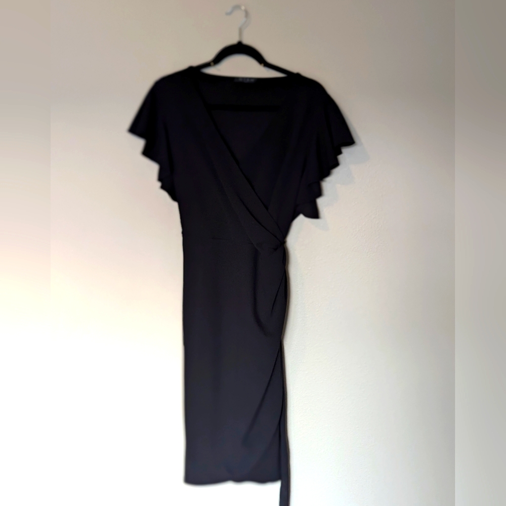 OTEN Black Faux Wrap Dress with Flutter Sleeves Size 2X